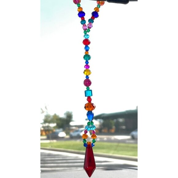 Beaded Suncatcher Rearview Mirror Ornament Colorful Red Crystal Prism Car Charm - Picture 2 of 9